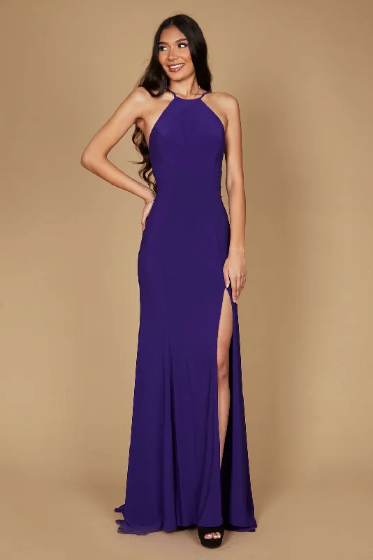 Long Fitted Open Back Jersey Prom Dress Plum