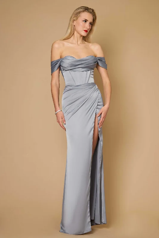 Long Formal Corset Satin Evening Dress Silver