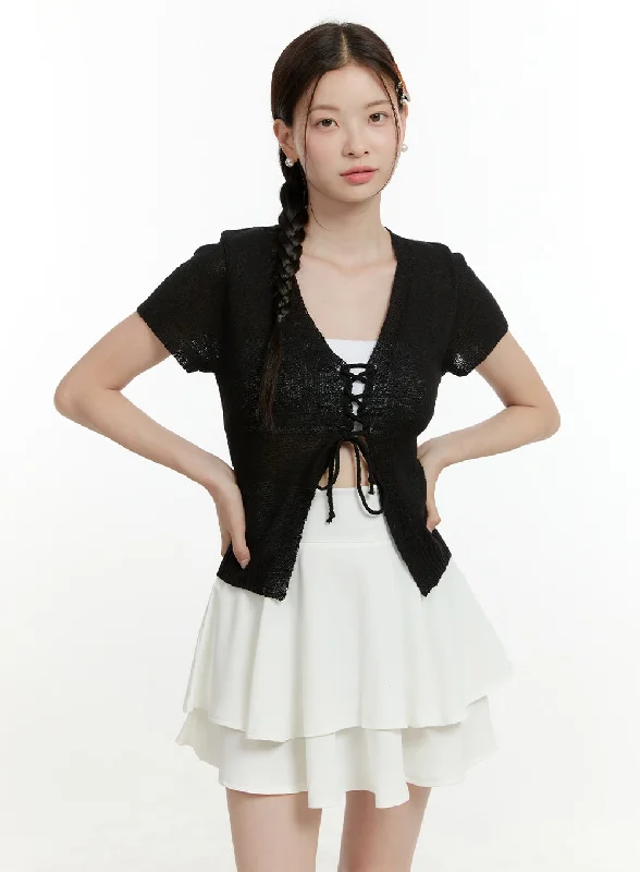 Sheer V-Neck Tie Short Sleeve Cardigan OL423