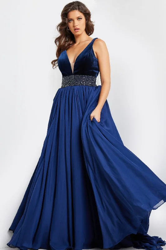 Jovani 26201 A Line Long Formal Beaded Velvet Prom Dress