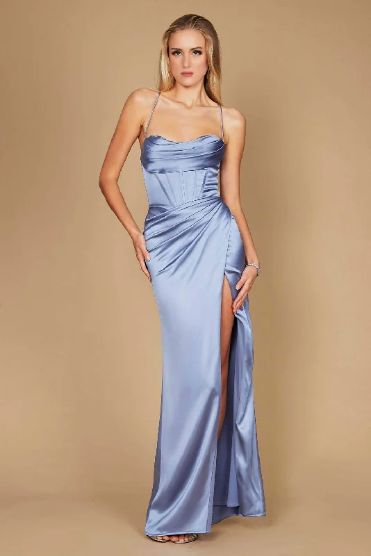 Draped Corset Cowl Long Prom Dress Periwinkle Blue