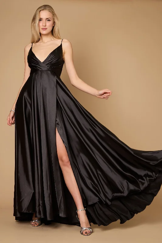 Long Flowy Satin Formal Prom Party Dress Black