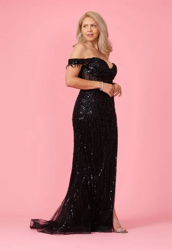 Fitted Off Shoulder Sequin Prom Formal Dress Black