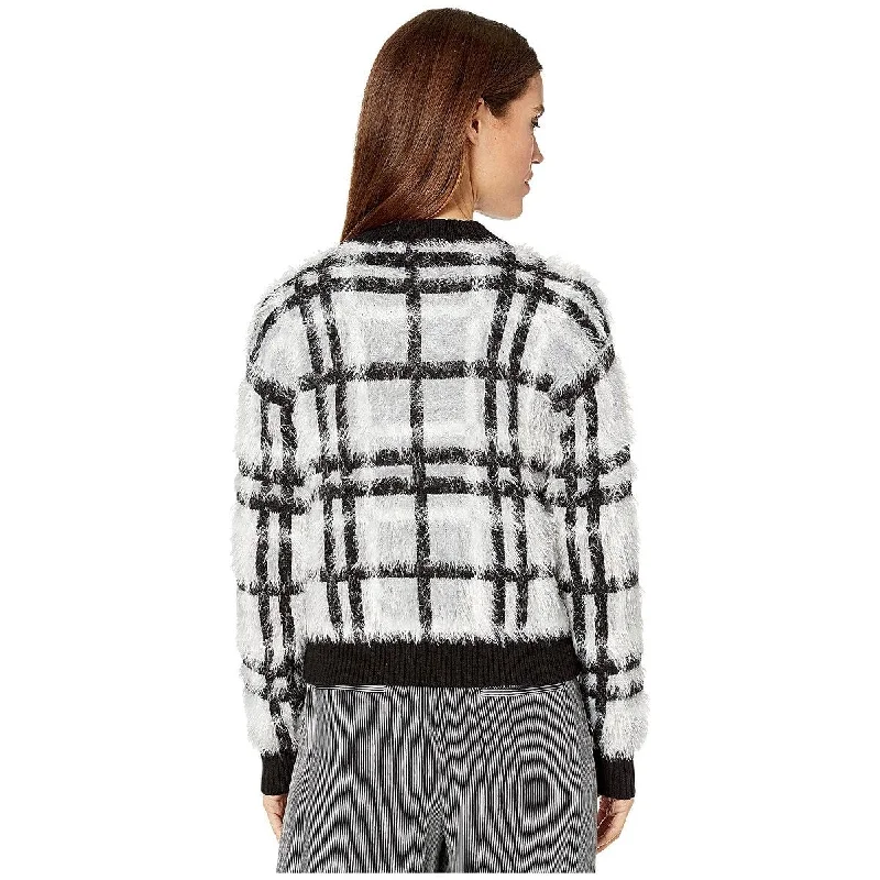 1.STATE Women's Zip Front Plaid Eyelash Sweater Gray Size X-Large