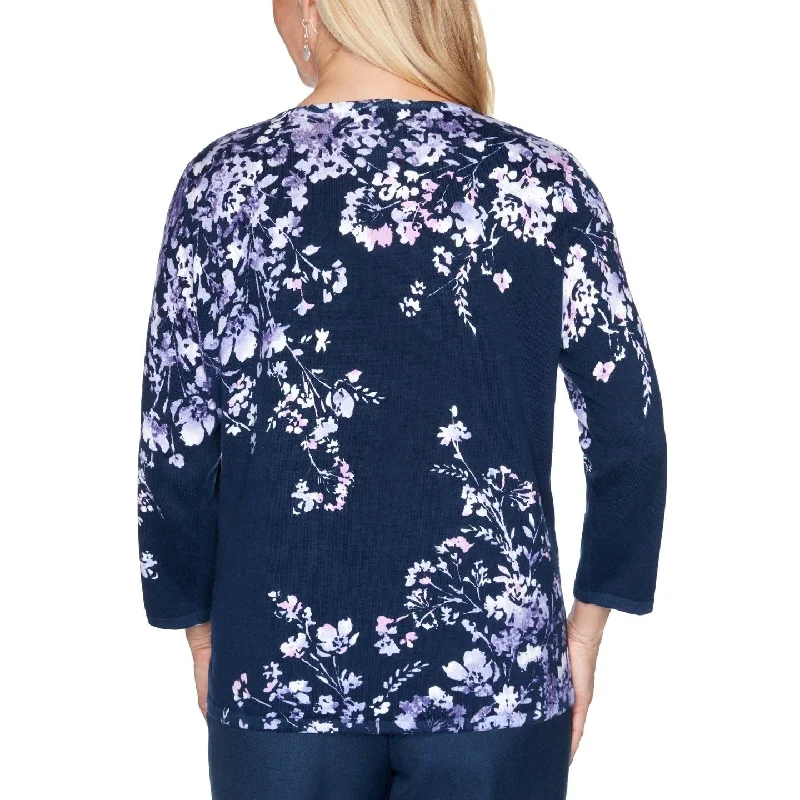 Alfred Dunner Women's Wisteria Lane Asymmetric Floral Print Sweater Blue Size 3X