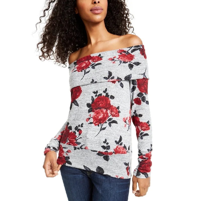 Bcx Juniors' Off-The-Shoulder Rose Print Sweater Grey/Flowers Size X-Small