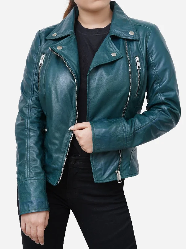 Gabriella Vintage Style Green Leather Biker Jacket