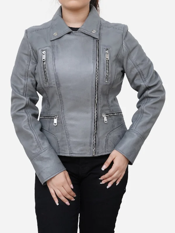 Gianna Real Sheepskin Gray Leather Moto Jacket