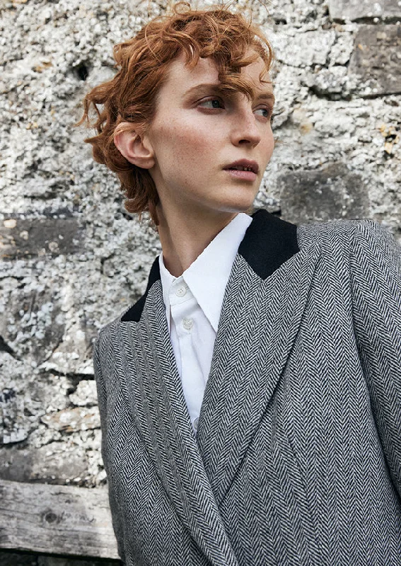 Grey Herringbone Clodagh Double Breasted Tweed Jacket