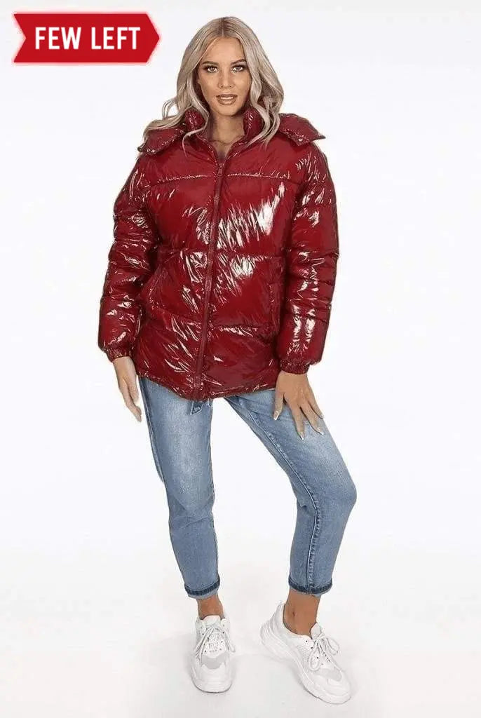 Womens High Shine Funnel Neck Quilted Puffer Jacket