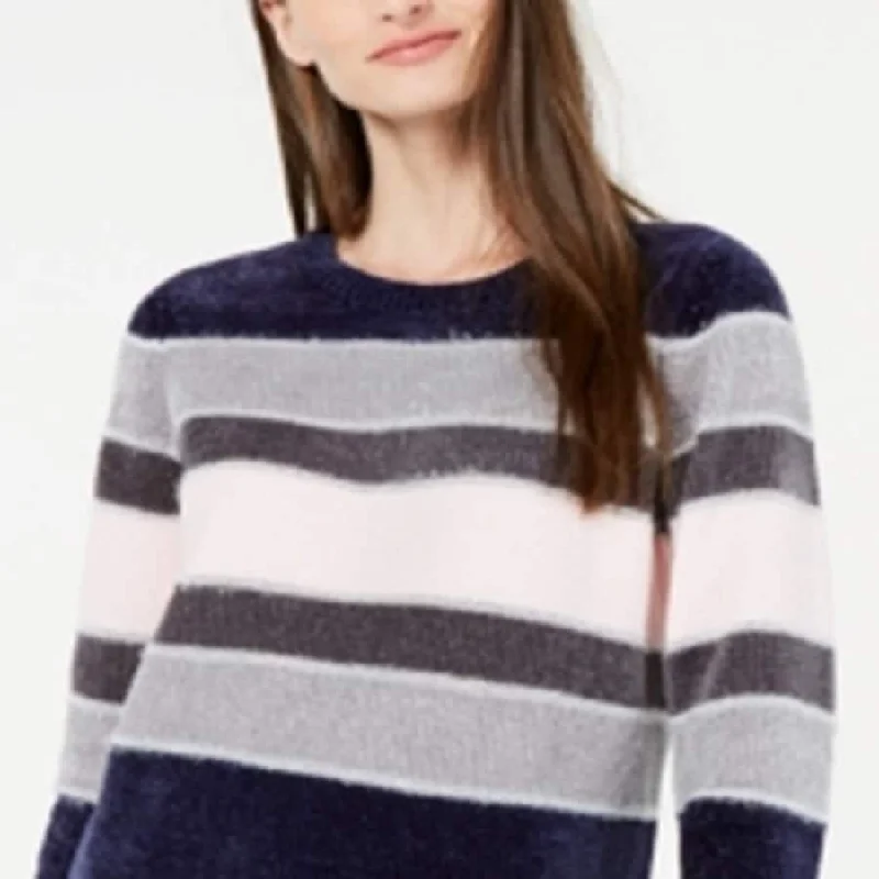 Maison Jules Women's Striped Metallic Chenille Sweater Blue Size Large