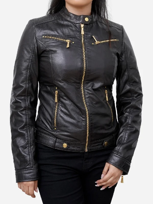 Maya Black Sheepskin Classic Moto Leather Jacket