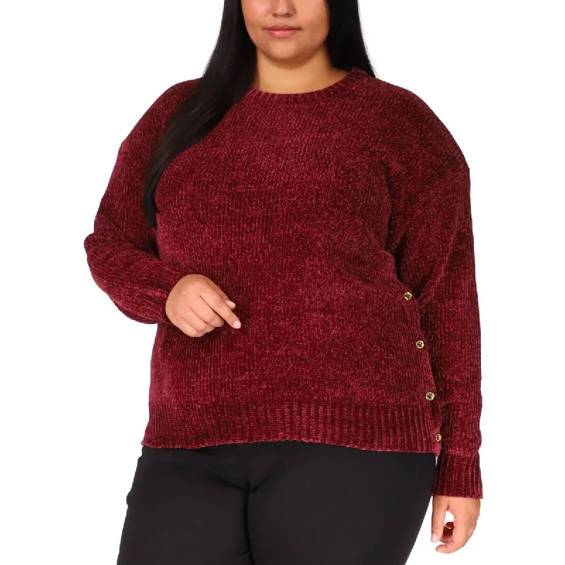 Michael Kors Women's Stretch Ribbed Button Detail Long Sleeve Round Neck Sweater Maroon Size 2XL