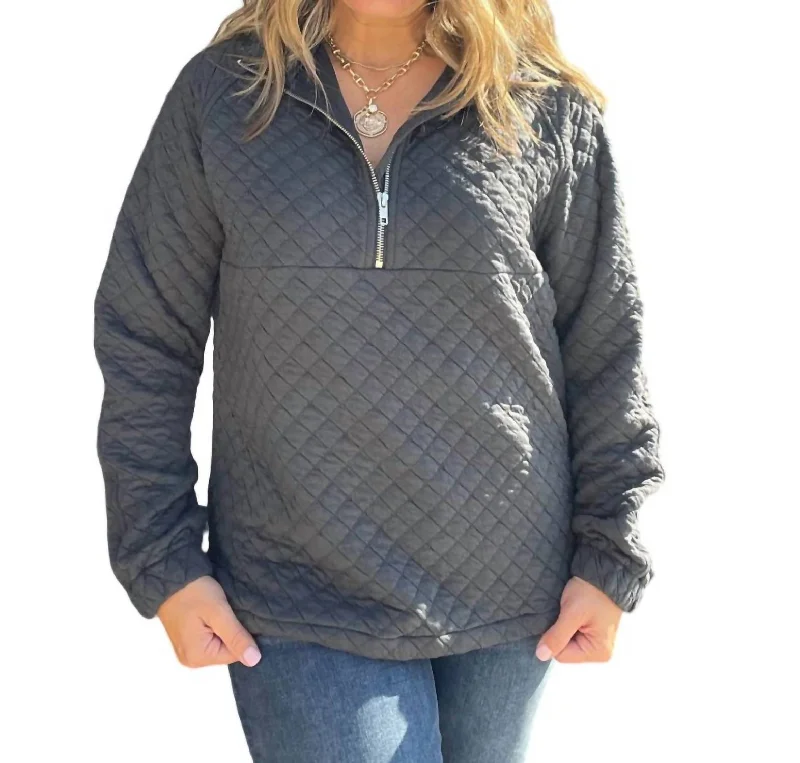 Quilted Half Zip Sweater In Charcoal