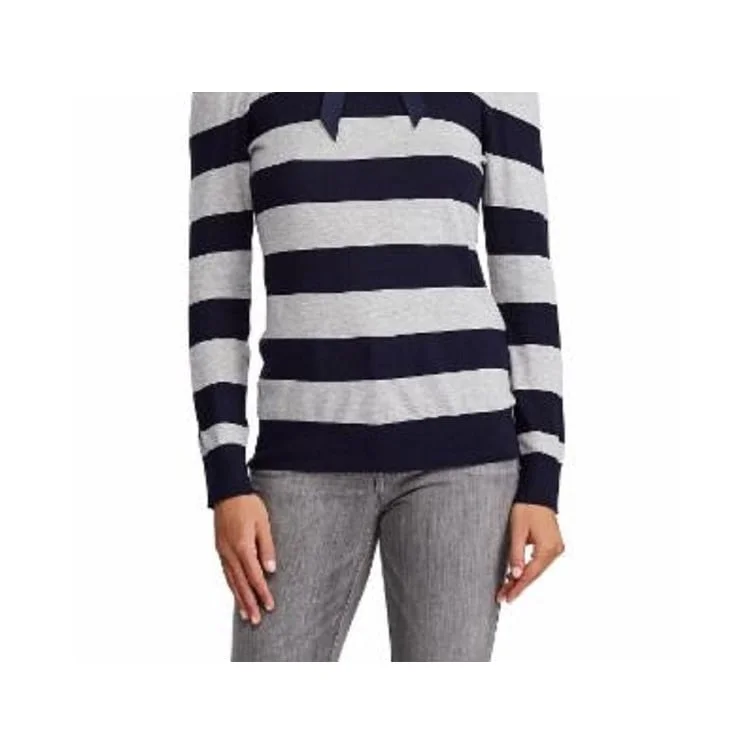 Ralph Lauren Women's Striped Long Sleeve Mandarin Collar Hi Lo Sweater Blue Size Large