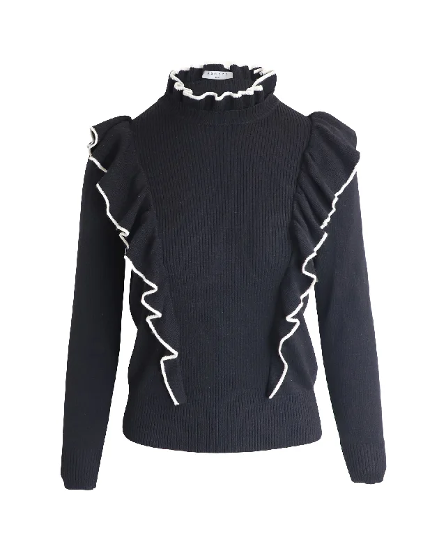 Sandro Paris Wool Blend Sweater with Ruffles in Black Acrylic