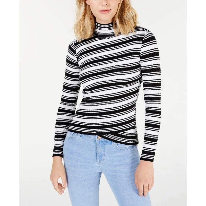 Say What? Junior's Striped Crossover Hem Mock Neck Sweater Black-White Size X-Small