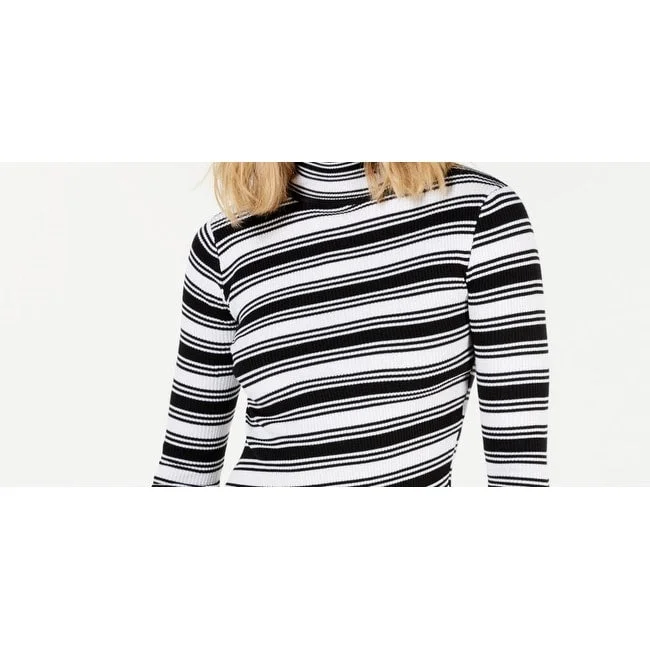 Say What? Junior's Striped Crossover Hem Mock Neck Sweater White Small