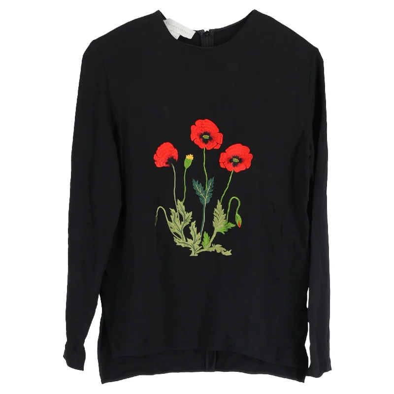 Stella McCartney Embroidered Poppies Crew Neck Sweater in Black Viscose