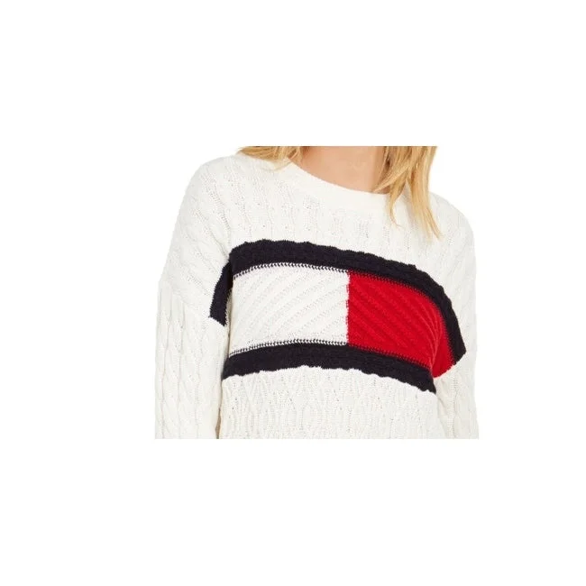 Tommy Hilfiger Women's Cable Knit Flag Logo Sweater White Size Medium