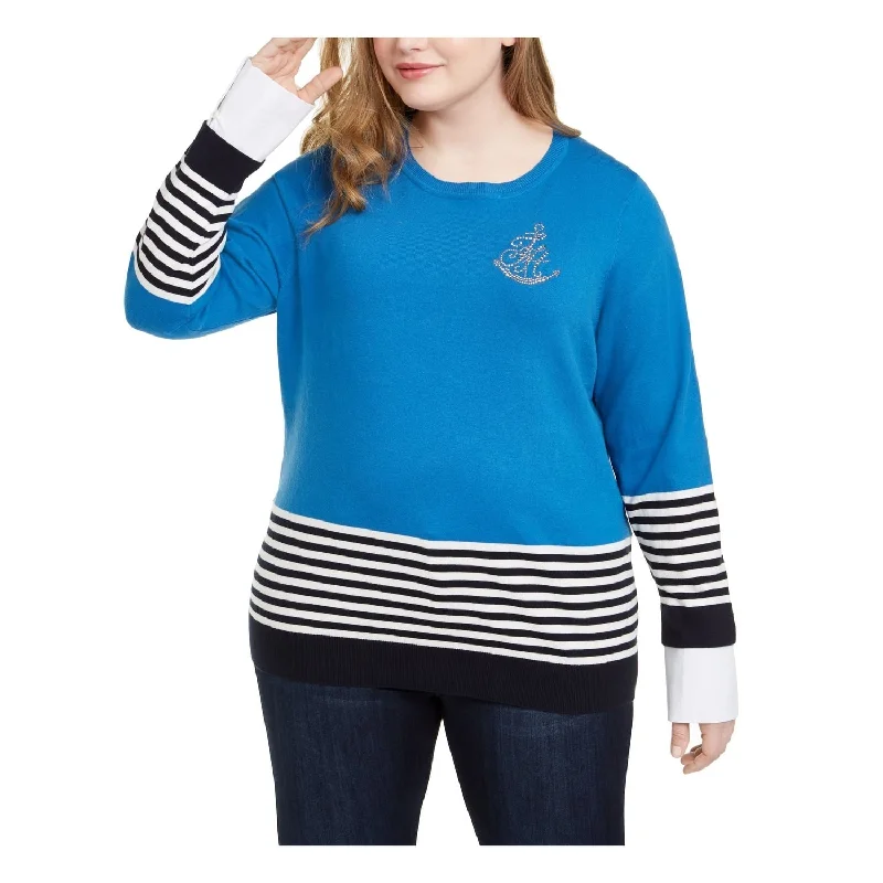 Tommy Hilfiger Women's Color Block Long Sleeve Crew Neck Sweater Blue Size 0X