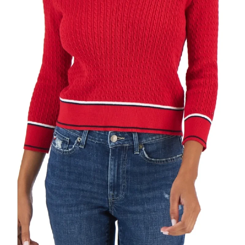 Tommy Hilfiger Women's Cotton Johnny Collar Cable Knit Sweater Red Size X-Large