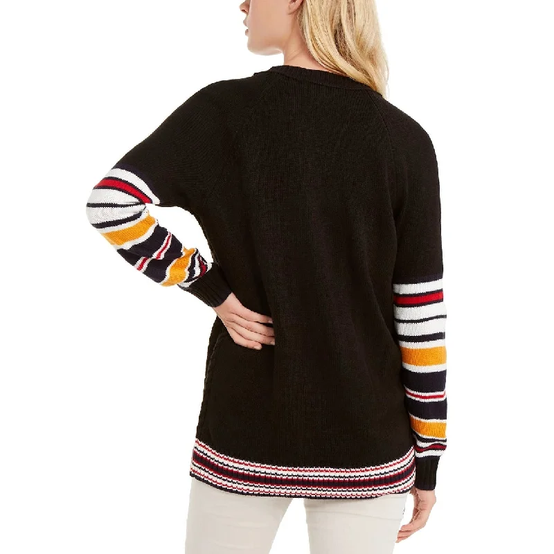 Tommy Hilfiger Women's Varsity Stripe Cable-Knit Sweater Black Size Small