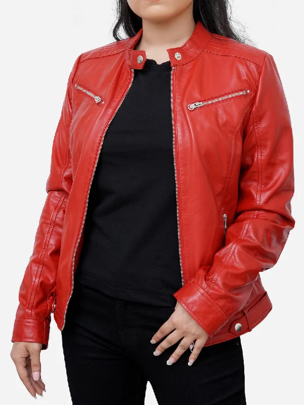 Valentina Cafe Racer Red Leather Motorcycle Jacket