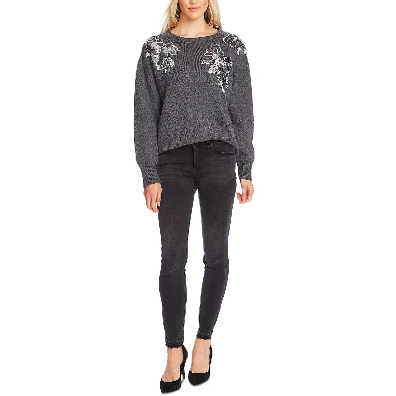 Vince Camuto Women's Embellished-Floral Sweater Charcoal Size X-Large