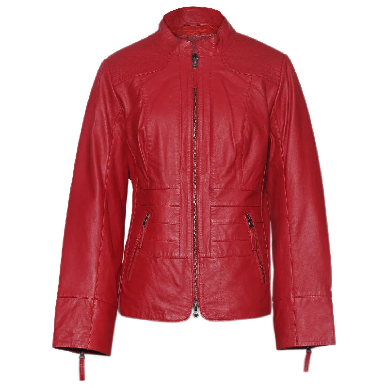 Women’s Red Genuine Leather Crop Bomber jacket