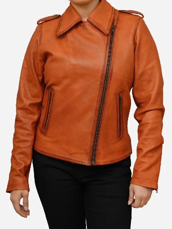 Women's Classic Tan Brown Leather Biker Jacket