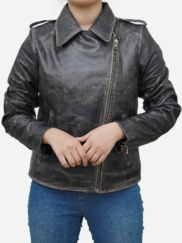 Women's Distressed Black Asymmetric Leather Biker Jacket