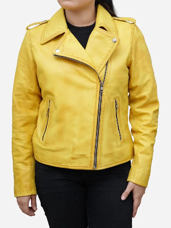 Women's Yellow Real Leather Biker Jacket