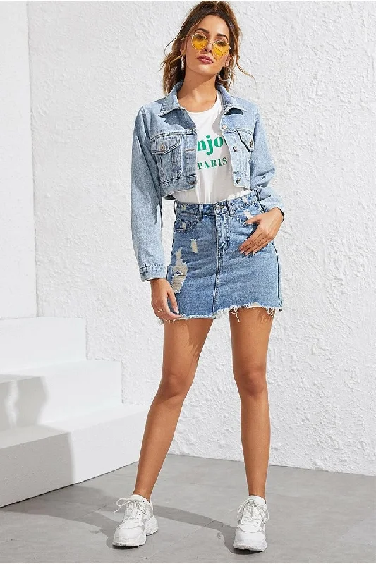 DISTRESSED CROP DENIM JACKET WITH POCKETS