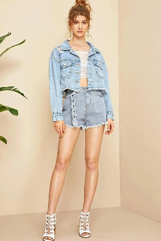 DISTRESSED SHORT DENIM JACKET WITH POCKETS