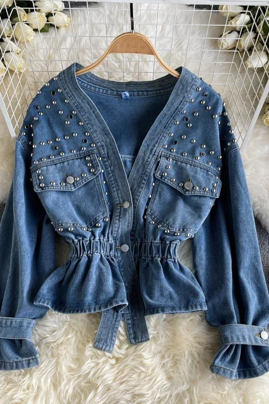 Waistband V-neck heavy industrial nail bead diamond design sense of minority denim jacket  1490