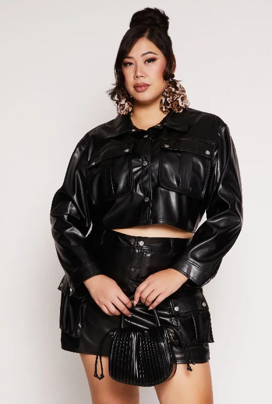 Plus Size Almost Famous Faux Leather Cropped Shacket