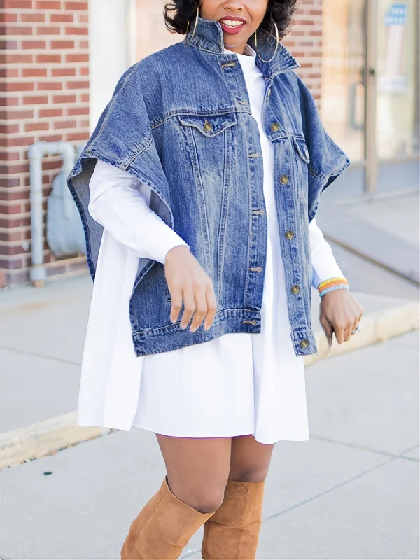 Casual Loose Sleeveless Single-Breasted Lapel Cloak Denim Jacket