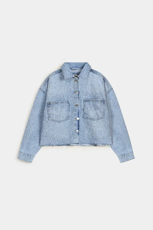 Cropped Denim Jacket With Raw Hem Detail