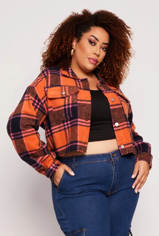 Plus Size Spoon Jeans Plaid Cropped Shacket