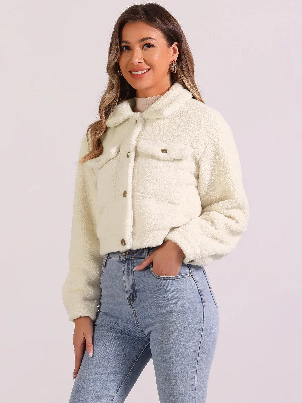 Faux Fur Lapel Button Down Long Sleeve Cropped Jackets