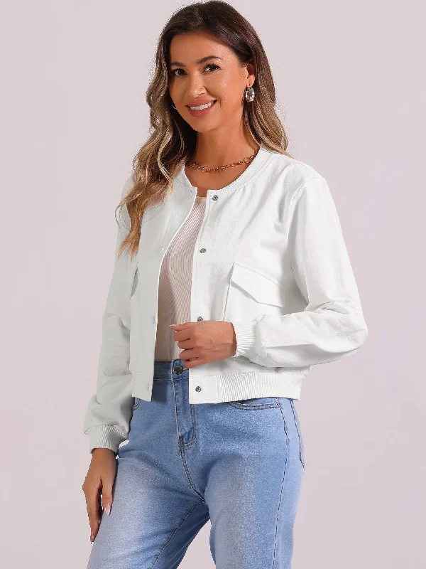 Button Down Biker Moto Bomber Cropped Jacket