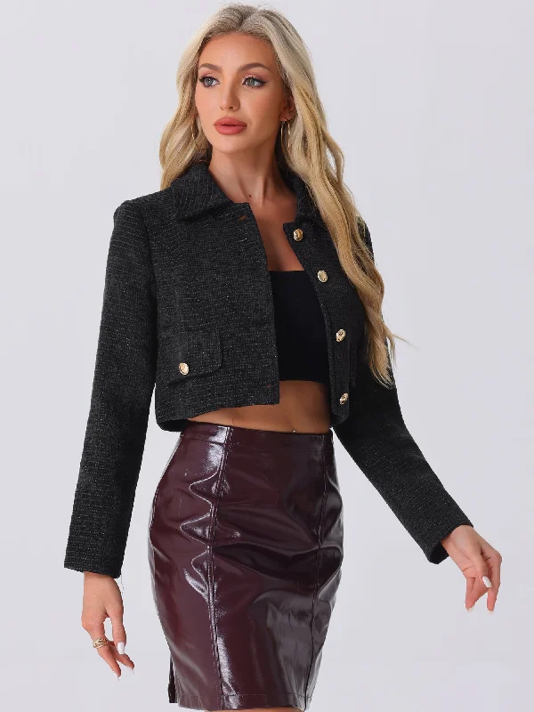 Tweed Collar Long Sleeve Button Down Cropped Jacket