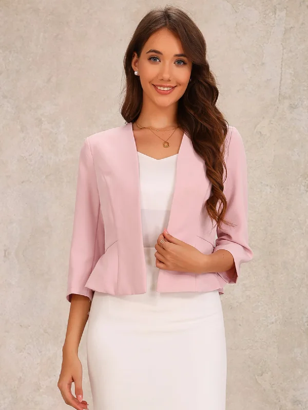 Open Front Collarless 3/4 Sleeve Peplum Cropped Jacket