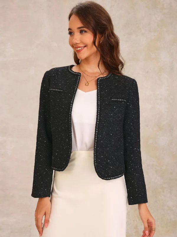 Tweed Long Sleeve Sequins Glitter Cropped Jacket