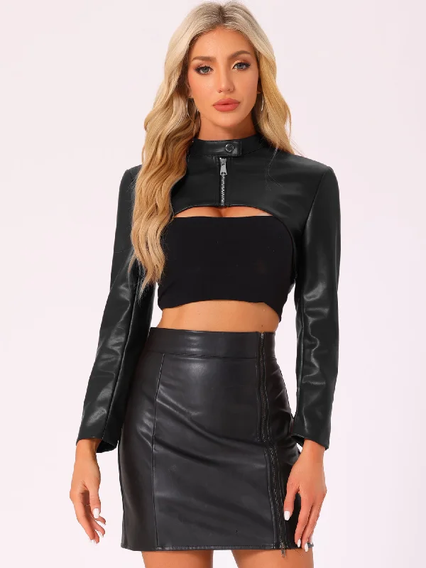 Faux Leather Stand Collar Moto Biker Cropped Jacket Shrugs