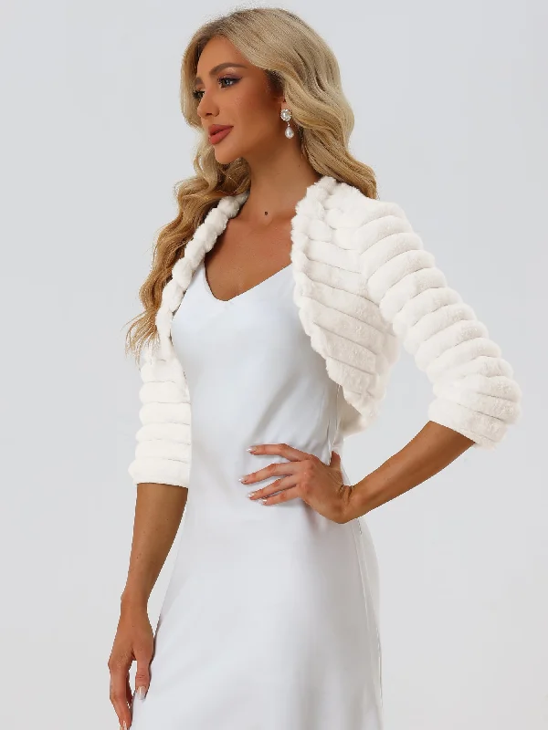 Faux Fur 3/4 Sleeves Cocktail Cropped Jacket Bolero Shrug