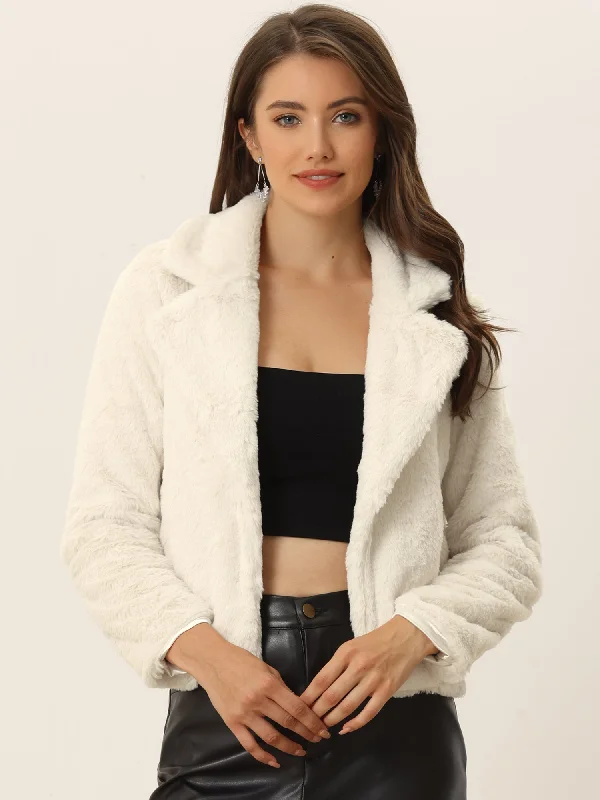 Autumn Winter Cropped Jacket Notch Lapel Faux Fur Fluffy Coat