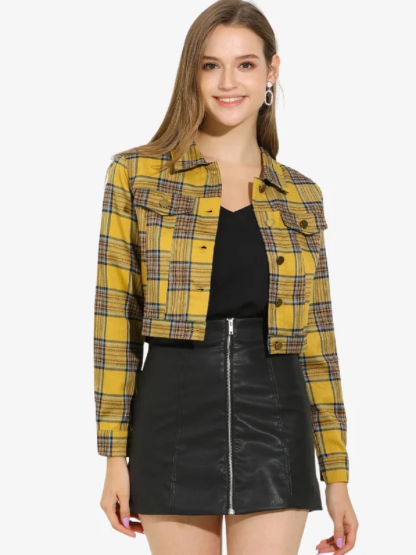 Plaid Cropped Long Sleeve Lapel Button Down Moto Jacket