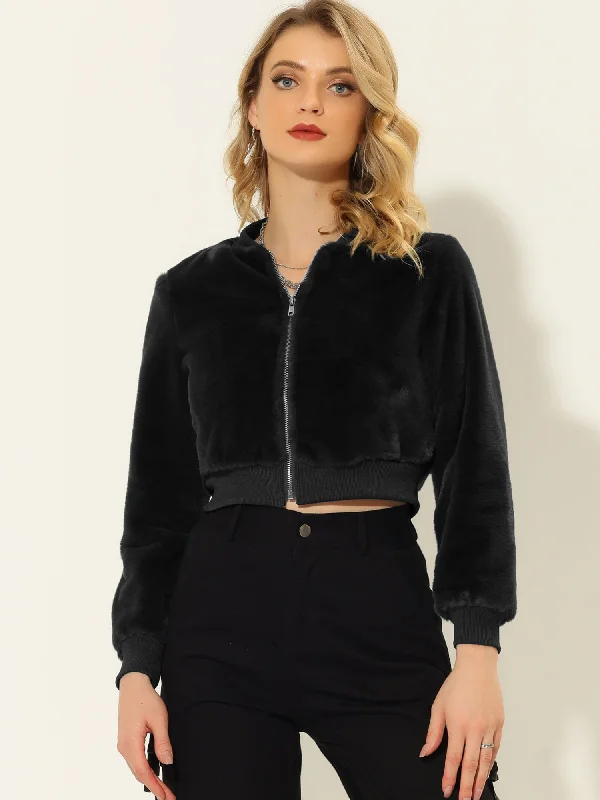 Faux Fur Long Sleeve Winter Zipper Up Cropped Bomber Jacket